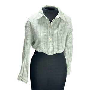 H&M Divided Womens Cropped Green Plaid Button-Up Shirt Long Sleeve Lightweight C